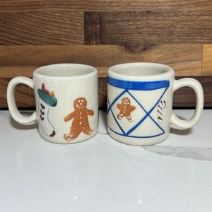 2 Hartstone Pottery Mugs Christmas Traditions Gingerbread man blue lattice USA
